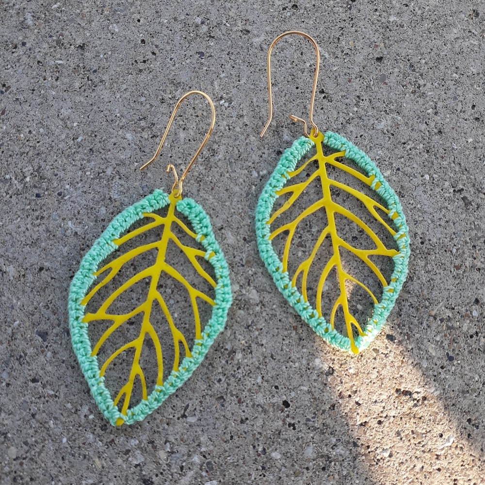 Citron Aqua Crochet Leaf Dangle Earrings